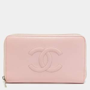 Pre Owned Chanel CC Timeless Light Pink Leather Zip Around Wallet