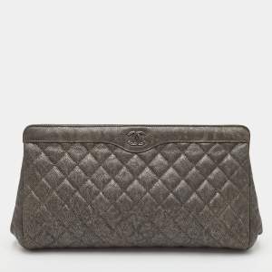 Pre Owned Chanel In Story Grey Quilted Caviar Leather Clutch