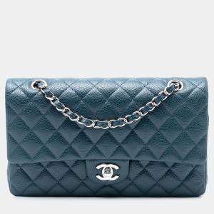 Pre Owned حقيبة شانيل بلو كلاسيكية متوسطة كافيار بقفل مزدوج