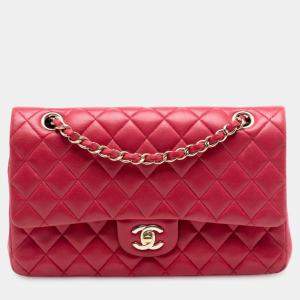 Pre Owned Chanel Red Medium Classic Lambskin Double Flap