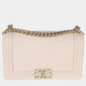 Pre Owned Chanel Beige Quilted Caviar Medium Boy Bag