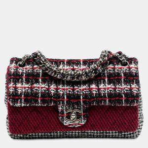 Pre Owned Chanel Red Medium CC Tweed Multi Print Double Flap