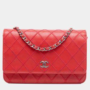 Pre Owned Chanel Red CC Lambskin Wild Stitch Wallet on Chain