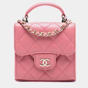 Pre Owned Chanel Pink CC Lambskin Top Handle Flap Coin Purse with Chain