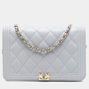 Pre Owned محفظة شانيل بوي على سلسلة جلد خروف مبطن رمادي