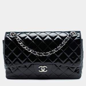 Pre Owned حقيبة شانيل سوداء كبيرة براءة اختراع مزدوجة الغطاء