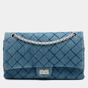 Pre Owned Chanel Blue Reissue 2.55 Quilted Denim Double Flap 226