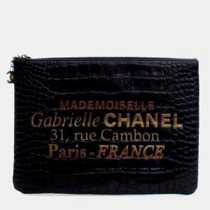 Pre Owned Chanel Black Medium Croc Embossed Calfskin Mademoiselle Gabrielle Signature Pouch