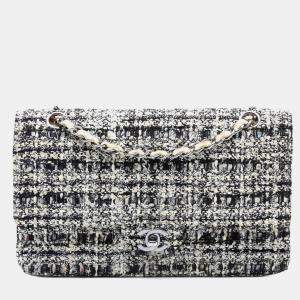 Pre Owned Chanel Black White Medium Classic Tweed Double Flap