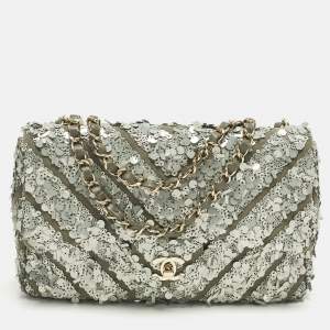 Pre Owned Chanel Classic Single Flap Medium Green Sequins and Canvas Shoulder Bag