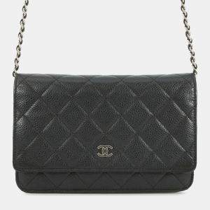 Pre Owned Chanel Black CC Quilted Caviar Wallet on Chain