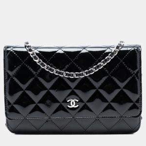 Pre Owned Chanel Black CC Quilted Patent Wallet On Chain