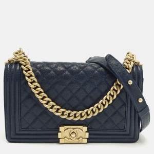 Pre Owned Chanel Boy Medium Dark Blue Quilted Caviar Leather Flap Bag