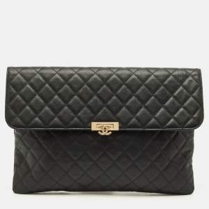 مملوكة مسبقًا Chanel Black Quilted Caviar Leather Large Portfolio Clutch