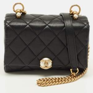 Pre Owned Chanel Pearl CC Accordion Small Black Quilted Leather Flap Bag