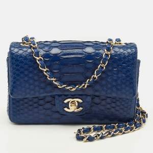 Pre Owned Chanel Classic New Mini Blue Python Flap Bag