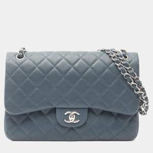 Pre Owned Chanel Deca Matelasse 30 Classic Large Double-Flap Shoulder Bag In Calfskin Leather Blue