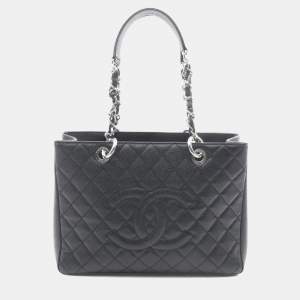 Pre Owned Chanel Matelasse Grand Shopping Gst Tote Bag In Grained Calfskin Leather Black