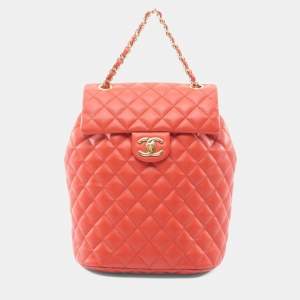 Pre Owned Chanel Matelasse Rucksack Leather Orange