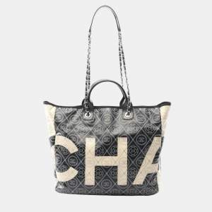 Pre Owned Chanel Coco Mark Camellia Tote Bag Coated Canvas And Leather Black Beige