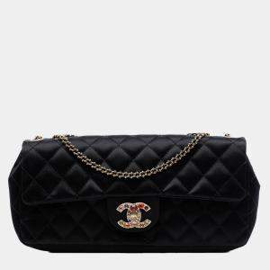 Pre Owned Chanel Black Quilted Satin Precious Jewel East West Flap