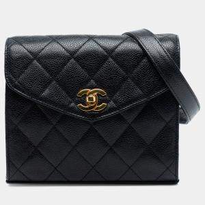 Pre Owned Chanel Black Mini CC Quilted Caviar Envelope Flap