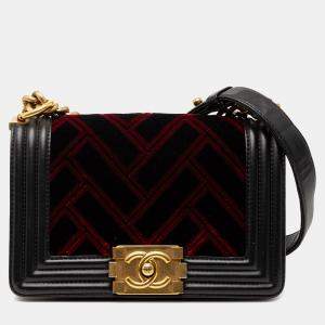 Pre Owned Chanel Black, Red Small Velvet and Calfskin Boy Flap