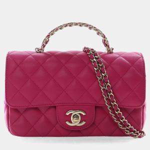 Pre Owned Chanel Mini Pink Lambskin Crystal Rectangular Top Handle Classic Flap Bag