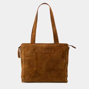 Pre Owned Chanel Brown Suede Logo Zip Tote