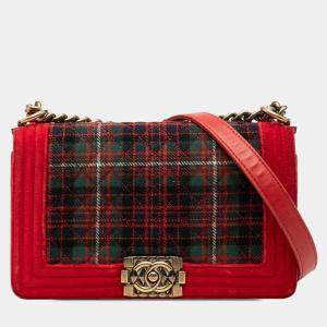 Pre Owned Chanel Red Old Medium Quilted Tweed and Velvet Boy Flap