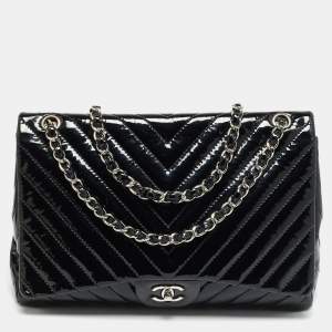 Pre Owned Chanel Classic Single Flap Maxi Black Chevron Patent Leather Bag