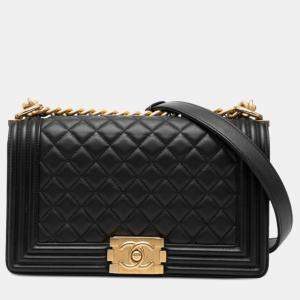 Pre Owned Chanel Black Old Medium Quilted Lambskin Boy Flap