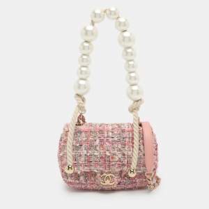 مملوكة مسبقًا Chanel Pearl Handle Small Pink Tweed Flap Bag