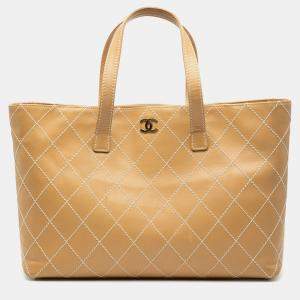 Pre Owned حقيبة شانيل توت غرزة برية جلد العجل بني كبيرة CC