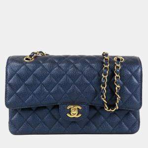 Pre Owned Chanel Blue Medium Classic Caviar Double Flap