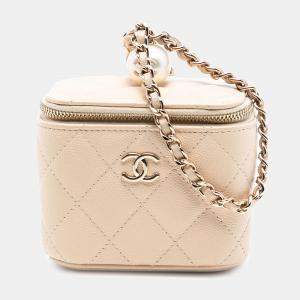 Pre Owned Chanel Brown Mini Quilted Iridescent Caviar Pearl On Top Vanity Case With Chain