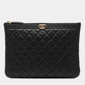 Pre Owned Chanel Black Medium Quilted Caviar Boy O Case Clutch