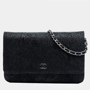 Pre Owned Chanel Black CC Lace Overlay Goatskin Wallet On Chain