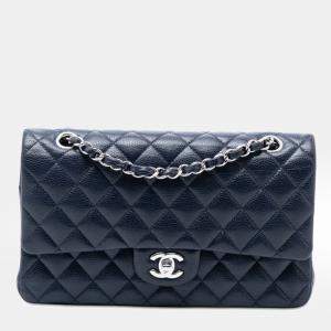 Pre Owned Chanel Blue Medium Classic Caviar Double Flap