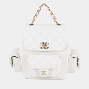 Pre Owned Chanel Matelasse Multi-Pocket Backpack White Caviar Leather