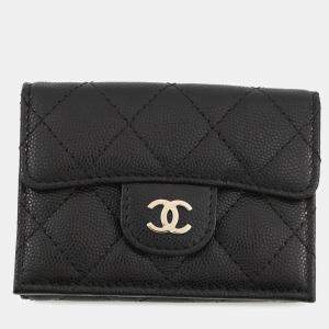 Pre Owned Chanel Classic Small Flap Wallet Tri-Fold Wallet Black Caviar Leather