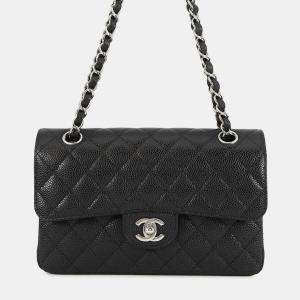 Pre Owned Chanel Matelasse Double Flap Chain Shoulder Bag Black Caviar Leather Size 23