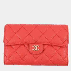 Pre Owned Chanel Matelasse Cc Logo Flap Wallet Red Caviar Leather