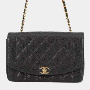 Pre Owned Chanel Matelasse Diana Single Flap Chain shoulder Bag Black Caviar Leather Size 25