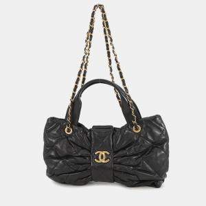 Pre Owned Chanel Matelasse Ribbon Bow Bag 2Way Handbag Black Lambskin