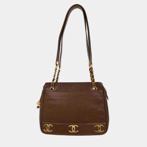 Pre Owned حقيبة كتف شانيل بنية جلد العجل بثلاثة CC