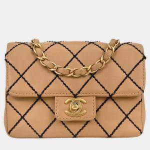 Pre Owned Chanel Beige Calfskin Wild Stitch Shoulder Bag