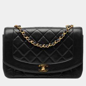 Pre Owned حقيبة رفرف ديانا وسط شانيل جلد الخروف أسود