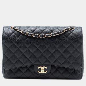 Pre Owned حقيبة شانيل دبل رفرف ماكسي كلاسيك كافيار أسود