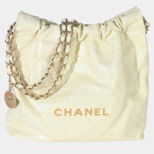 Pre Owned Chanel Pale Yellow Quilted Lambskin Chanel Small 22 Hobo